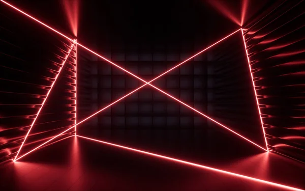Glowing Neon Lines Randomly Arranged Cubes Dark Room Rendering Computer — Stockfoto