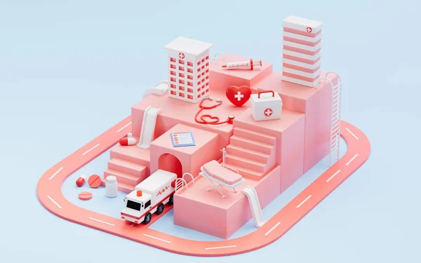 Pembe hastane binası modeli, tıbbi gereçler ve aletler, 3D görüntüleme. Bilgisayar dijital çizimi.