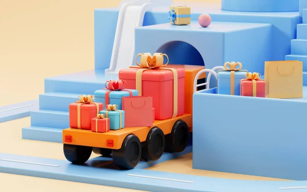 Lastwagen Voller Geschenke Rollen Den Tunnel Logistik Und Transportkonzept Rendering — Stockfoto