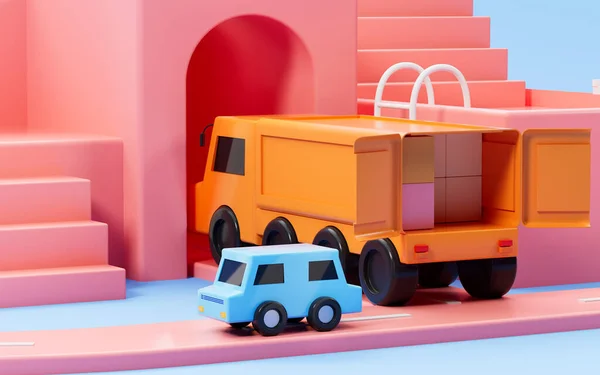 Truck Full Boxes Roll Pink Tunnel Rendering Computer Digital Drawing — Φωτογραφία Αρχείου
