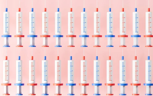 Cartoon style injection syringe line up with pink background, 3d rendering. Computer digital drawing.