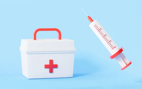 Cartoon style injection syringe and medicine chest with blue background, 3d rendering. Computer digital drawing.