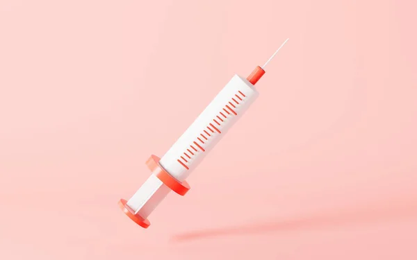 Cartoon style injection syringe with pink background, medical concept, 3d rendering. Computer digital drawing.
