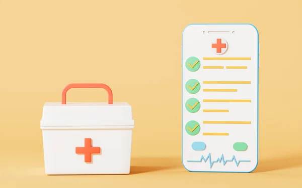 Network medical treatment, medical examination report and medicine chest with yellow background, 3d rendering. Computer digital drawing.