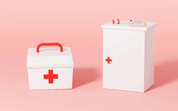 White medical cabinet and red cross medicine kit in the pink background, 3d rendering. Computer digital drawing.