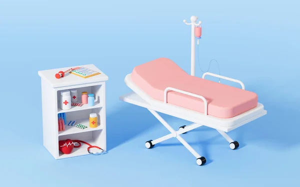 A stretcher and medicine cabinet in the blue background, 3d rendering. Computer digital drawing.