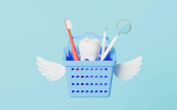 Blue Basket Toothbrush Dental Tools Blue Background Rendering Computer Digital — Stockfoto