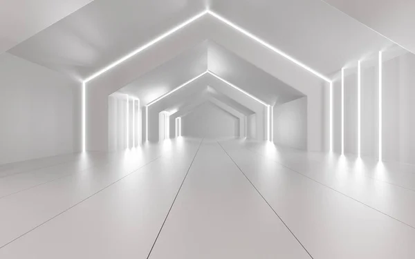 White neon tunnel, 3d rendering. Computer digital drawing.