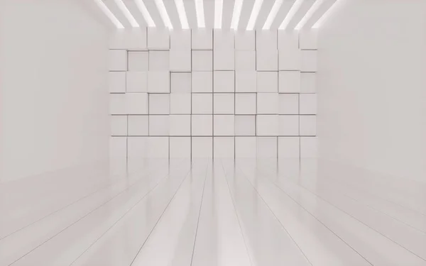 White Randomly Arranged Cubes Empty Room Rendering Computer Digital Drawing — 图库照片