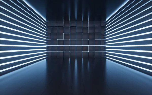 Glowing Neon Lines Randomly Arranged Cubes Dark Room Rendering Computer — Zdjęcie stockowe