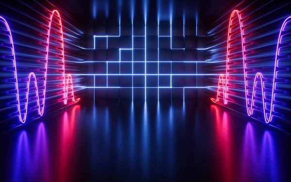 Glowing Neon Lines Randomly Arranged Cubes Dark Room Rendering Computer — 图库照片