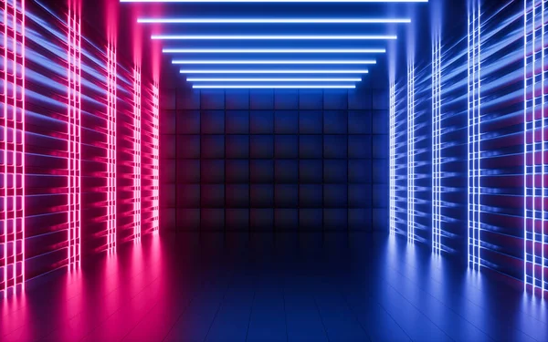 Glowing Neon Lines Randomly Arranged Cubes Dark Room Rendering Computer — Stockfoto