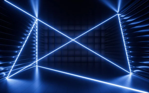 Glowing Neon Lines Randomly Arranged Cubes Dark Room Rendering Computer — Φωτογραφία Αρχείου