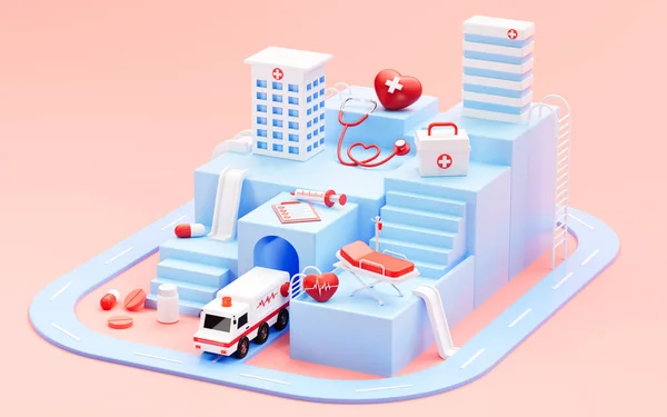 Mavi hastane binası modeli, tıbbi gereçler ve aletler, 3D görüntüleme. Bilgisayar dijital çizimi.