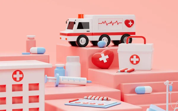 Ambulance Medical Equipments Pink Hospital Scene Rendering Computer Digital Drawing — Stock Photo, Image