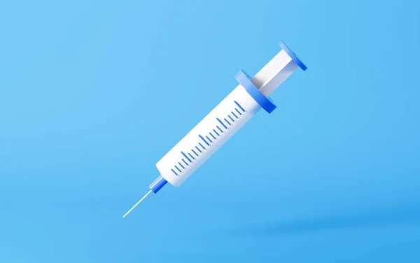 Cartoon style injection syringe with blue background, medical concept, 3d rendering. Computer digital drawing.