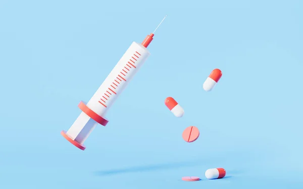 Cartoon style injection syringe and pills with blue background, 3d rendering. Computer digital drawing.