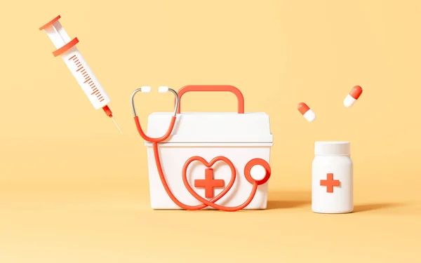 İlaç kiti, şırınga ve steteskop, tıbbi konsept, 3D görüntüleme. Bilgisayar dijital çizimi.
