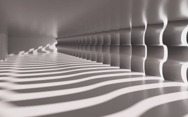 Gray empty room with curved shadows, 3d rendering. Computer digital drawing.