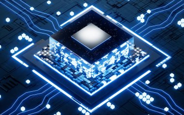 Glowing microchip processor with black circuit board, 3d rendering. Computer digital drawing.