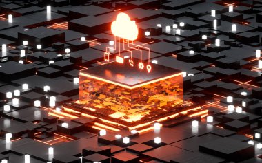 Cloud computing and glowing electronic chips, 3d rendering. Computer digital drawing.