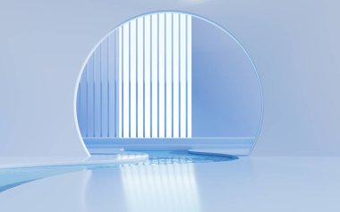 Geometric construction with blue water background, 3d rendering. Computer digital drawing.