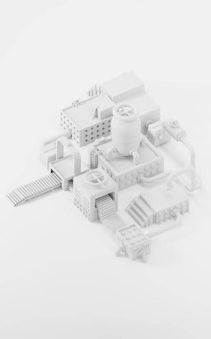 Empty stage in the shape of the factory, stage and assembly lines, 3d rendering. Computer digital drawing.