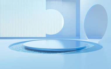 Empty stage with blue geometric construction, 3d rendering. Computer digital drawing.