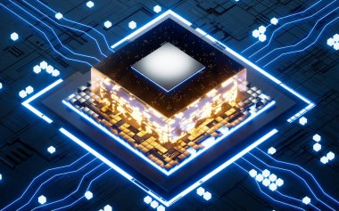 Glowing microchip processor with black circuit board, 3d rendering. Computer digital drawing.