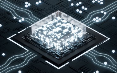 Glowing microchip processor with black circuit board, 3d rendering. Computer digital drawing.