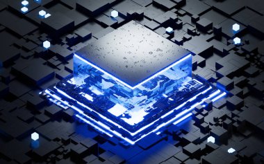 Glowing microchip processor with black circuit board, 3d rendering. Computer digital drawing.