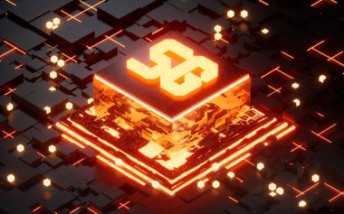 5G technology with glowing electronic chips, 3d rendering. Computer digital drawing.