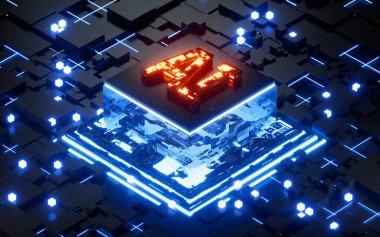 AI technology with glowing electronic chips, 3d rendering. Computer digital drawing.