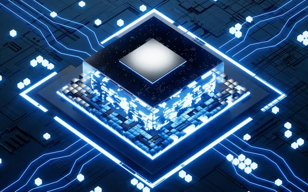 Glowing Microchip Processor Black Circuit Board Rendering Computer Digital Drawing — Fotografia de Stock