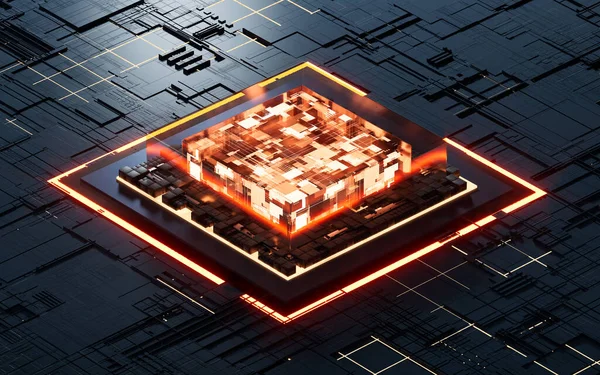Glowing microchip processor with black circuit board, 3d rendering. Computer digital drawing.
