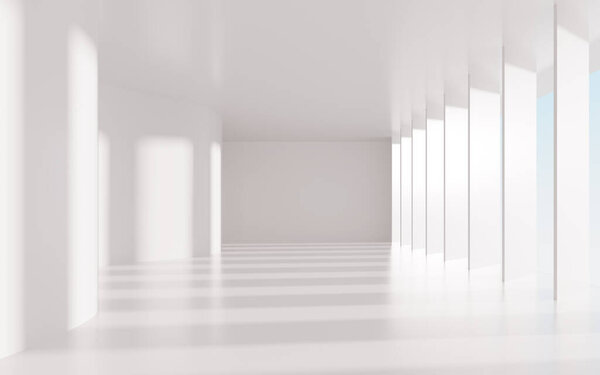 Белая пустая архитектура с кривыми и тенями, 3D рендеринг. Цифровой рисунок.