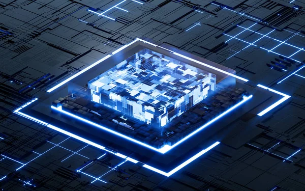 Glowing microchip processor with black circuit board, 3d rendering. Computer digital drawing.