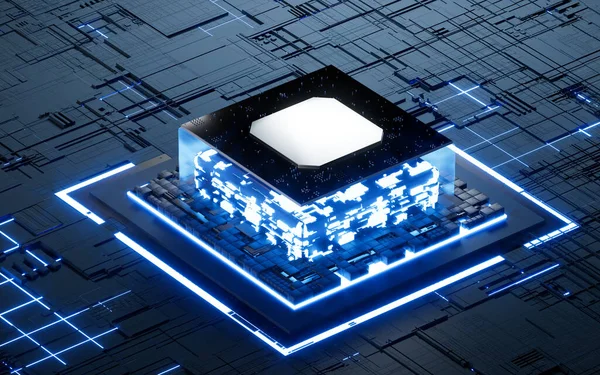 Glowing microchip processor with black circuit board, 3d rendering. Computer digital drawing.
