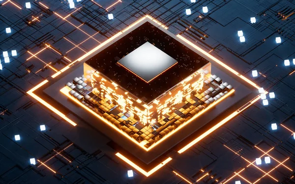 Glowing microchip processor with black circuit board, 3d rendering. Computer digital drawing.