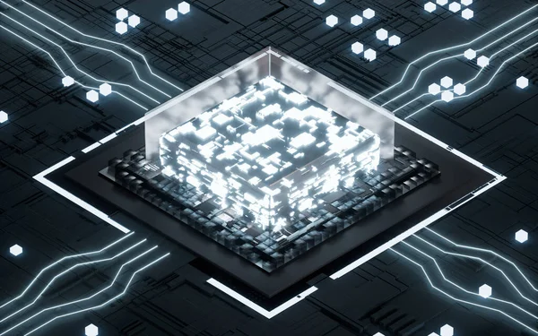 Glowing microchip processor with black circuit board, 3d rendering. Computer digital drawing.