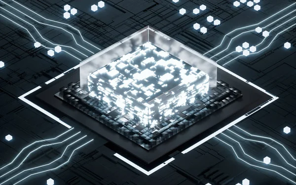 Glowing Microchip Processor Black Circuit Board Rendering Computer Digital Drawing — Photo