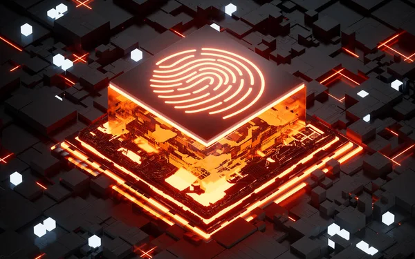 Glowing microchip processor and fingerprint recognition system, 3d rendering. Computer digital drawing.