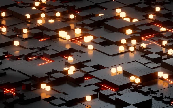 Glowing Cubes Black Materials Science Technology Rendering Computer Digital Drawing — Fotografia de Stock