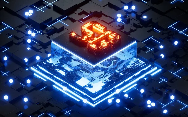 Technology Glowing Electronic Chips Rendering Computer Digital Drawing — Fotografia de Stock