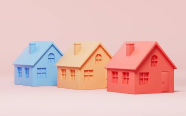 Different houses with pink background, 3d rendering. Computer digital drawing.