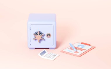 Safe box and house lease, sale, mortgage contract, 3d rendering. Computer digital drawing.