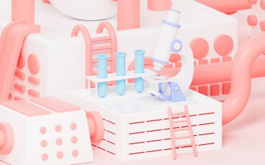 Microscope and test tubes with lab background, 3d rendering. Computer digital drawing.
