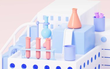 Conical flask, beaker, flask and tubes with lab background, 3d rendering. Computer digital drawing.