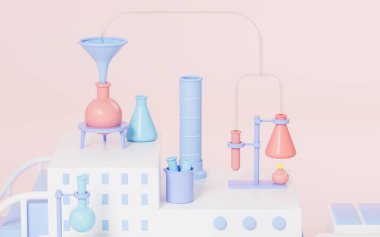 Chemical experimental equipment with pink background, 3d rendering. Computer digital drawing.