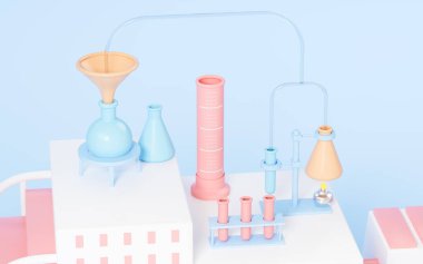 Chemical experimental equipment with blue background, 3d rendering. Computer digital drawing.